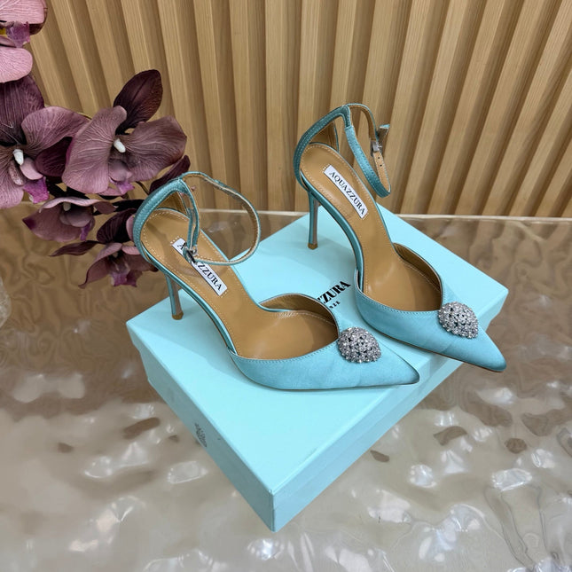 AQUAZZURA 26S POINTED-TOE HIGH HEELS 100 MM IN LIGHT BLUE SATIN