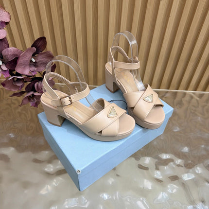 PRADA 26S BLOCK HEEL SANDALS 75 MM IN BEIGE CALFSKIN 
