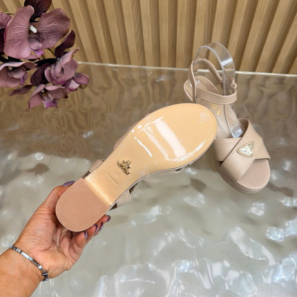 PRADA 26S BLOCK HEEL SANDALS 75 MM IN BEIGE CALFSKIN 