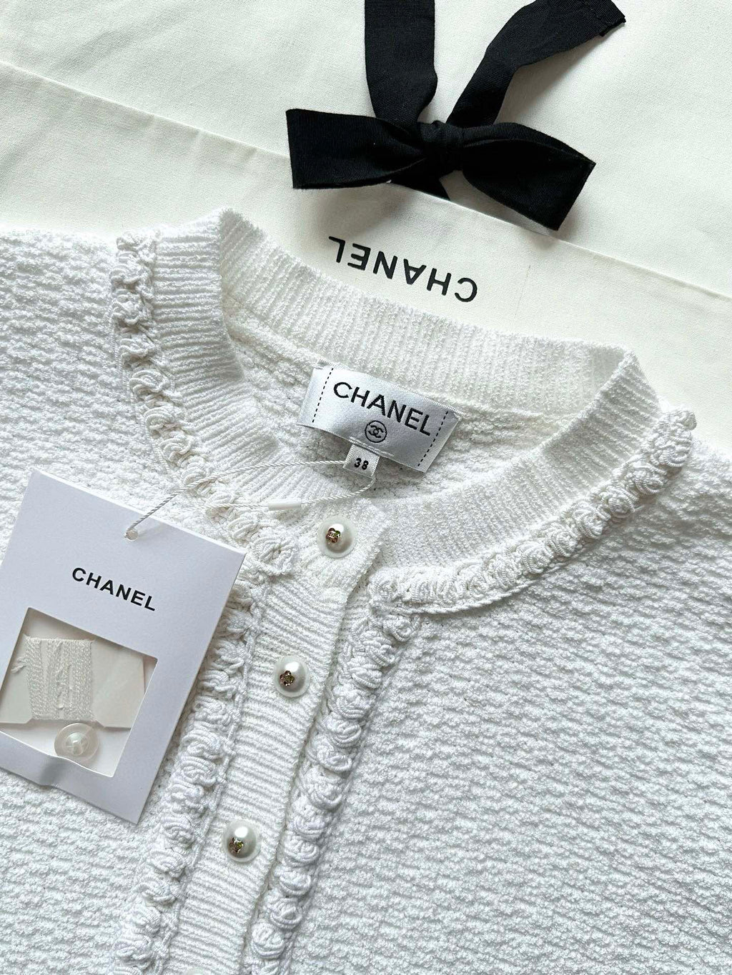Chanel 25P Long-Sleeve Top White Tweed Pearl Buttons 237299