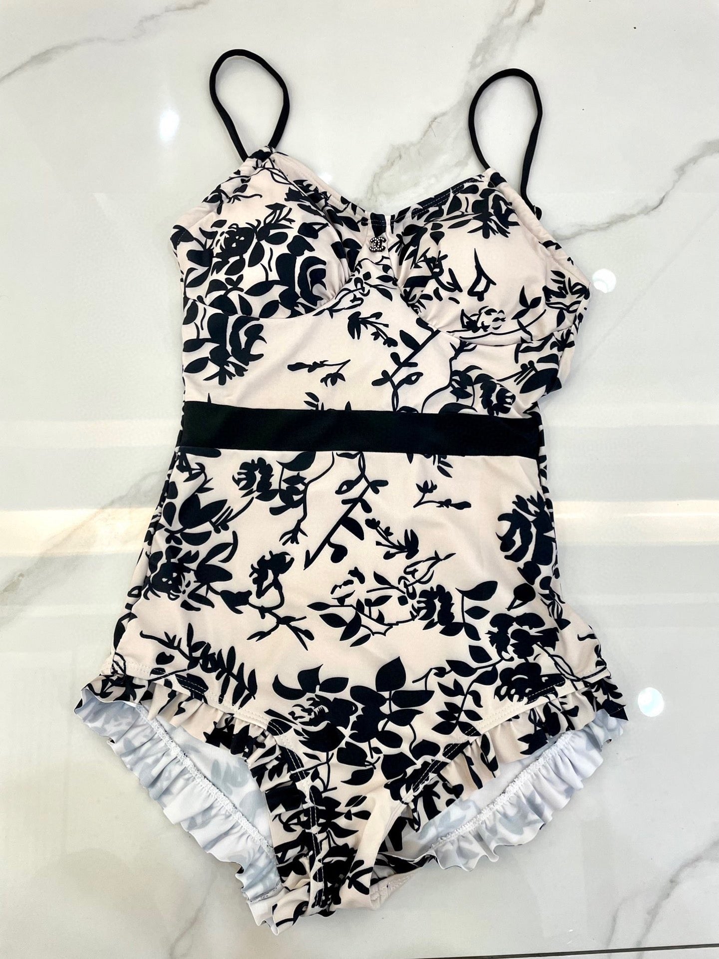 CC BIKINI SWIMSUIT SET IN IVORY WITH BLACK VELVET FLORAL EMBROIDERY 581303