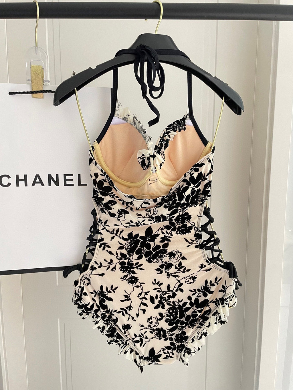 CC BIKINI SWIMSUIT SET IN IVORY MESH WITH BLACK VELVET FLORAL EMBROIDERY 622181