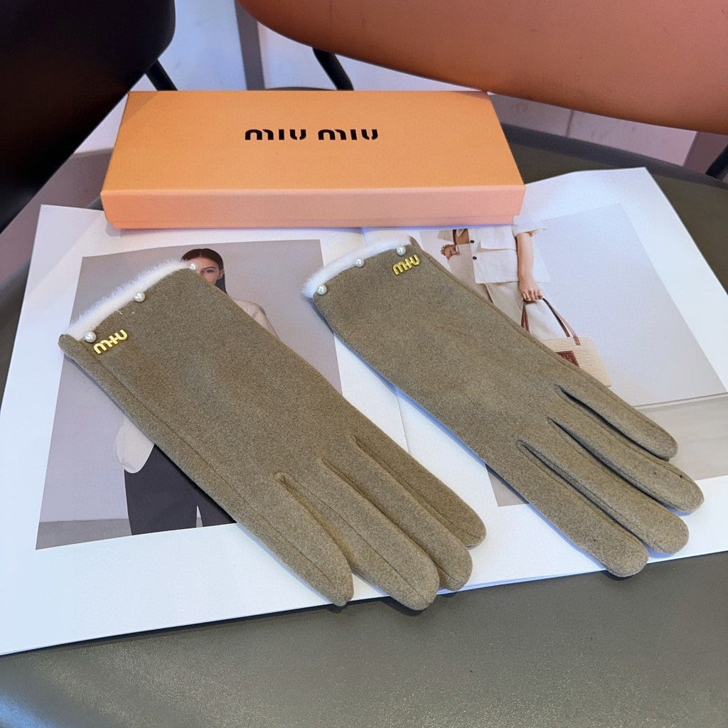 GLOVES IN KHAKI BEIGE WOOL MIX RABBIT FUR 458604