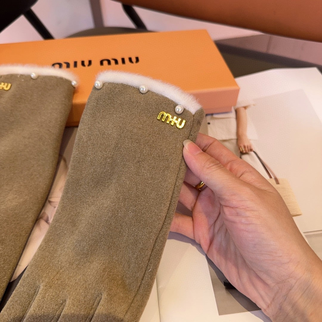 GLOVES IN KHAKI BEIGE WOOL MIX RABBIT FUR 458604