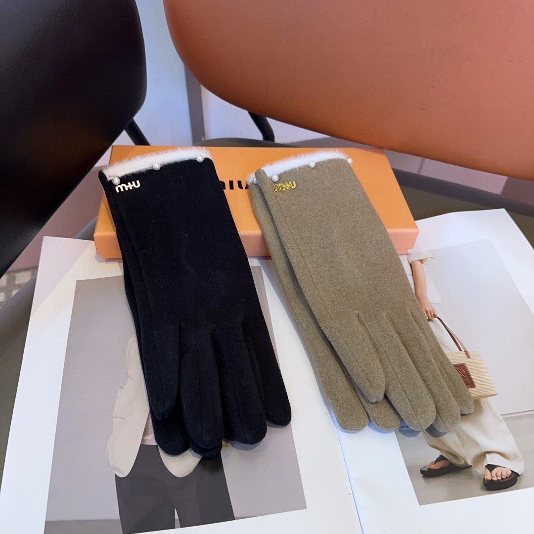GLOVES IN BLACK WOOL MIX RABBIT FUR 458605