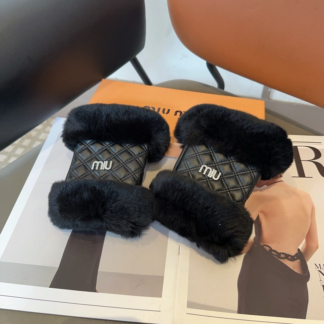 FINGERLESS GLOVES IN BLACK RABBIT FUR AND LAMBSKIN 463912