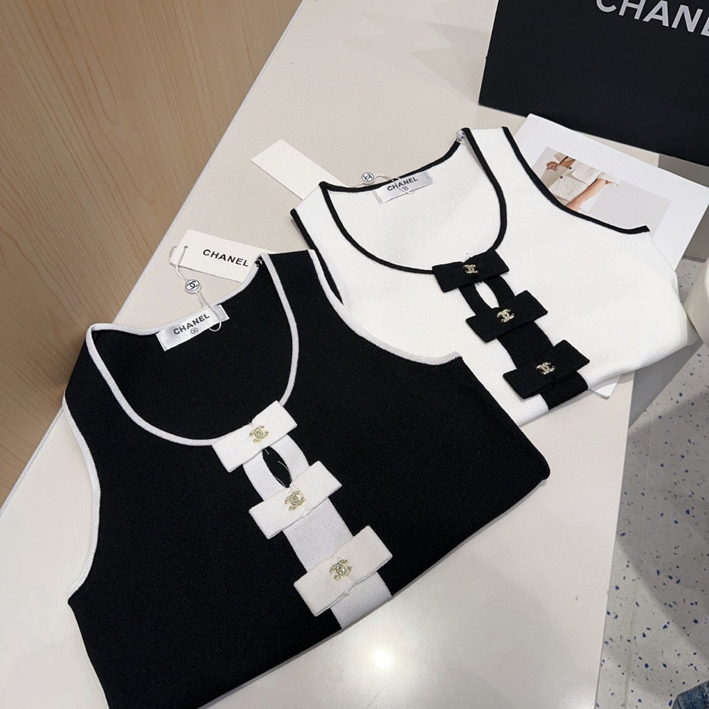 TANK TOP 610340 IN BLACK COTTON RIBBED WHITE BOW