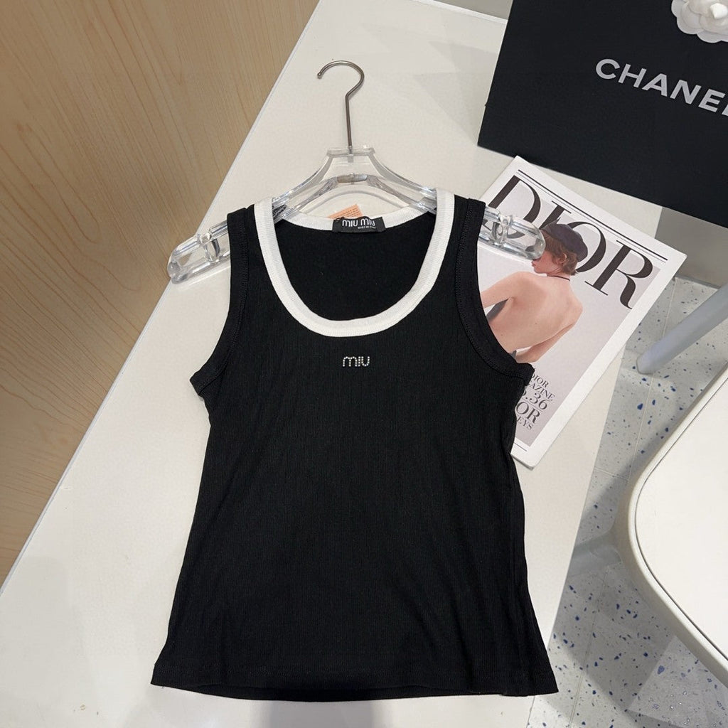 TANK TOP 615176 IN BLACK COTTON RIBBED WHITE TRIM