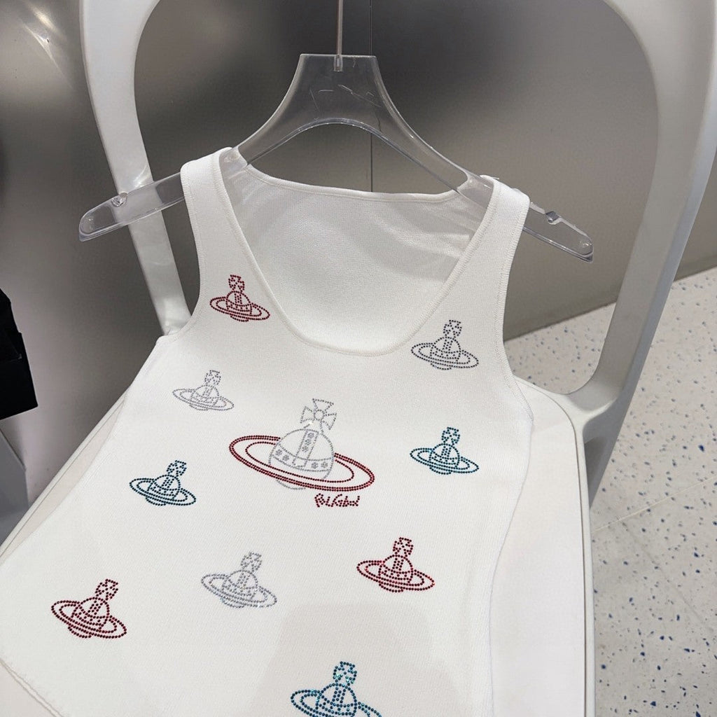 TANK TOP 639167 IN WHITE COTTON RIBBED KNIT EMBOSSED CRYSTAL