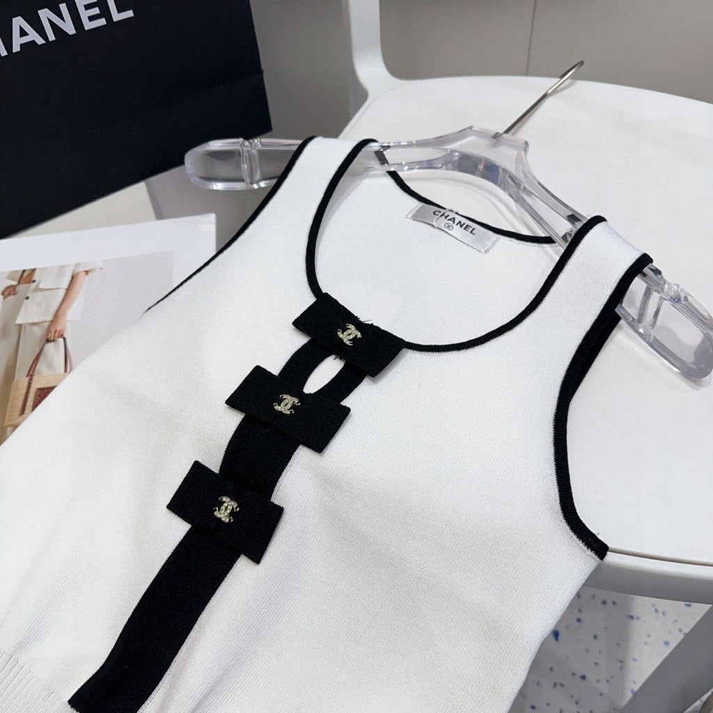 TANK TOP 610341 IN WHITE COTTON RIBBED BLACK BOW