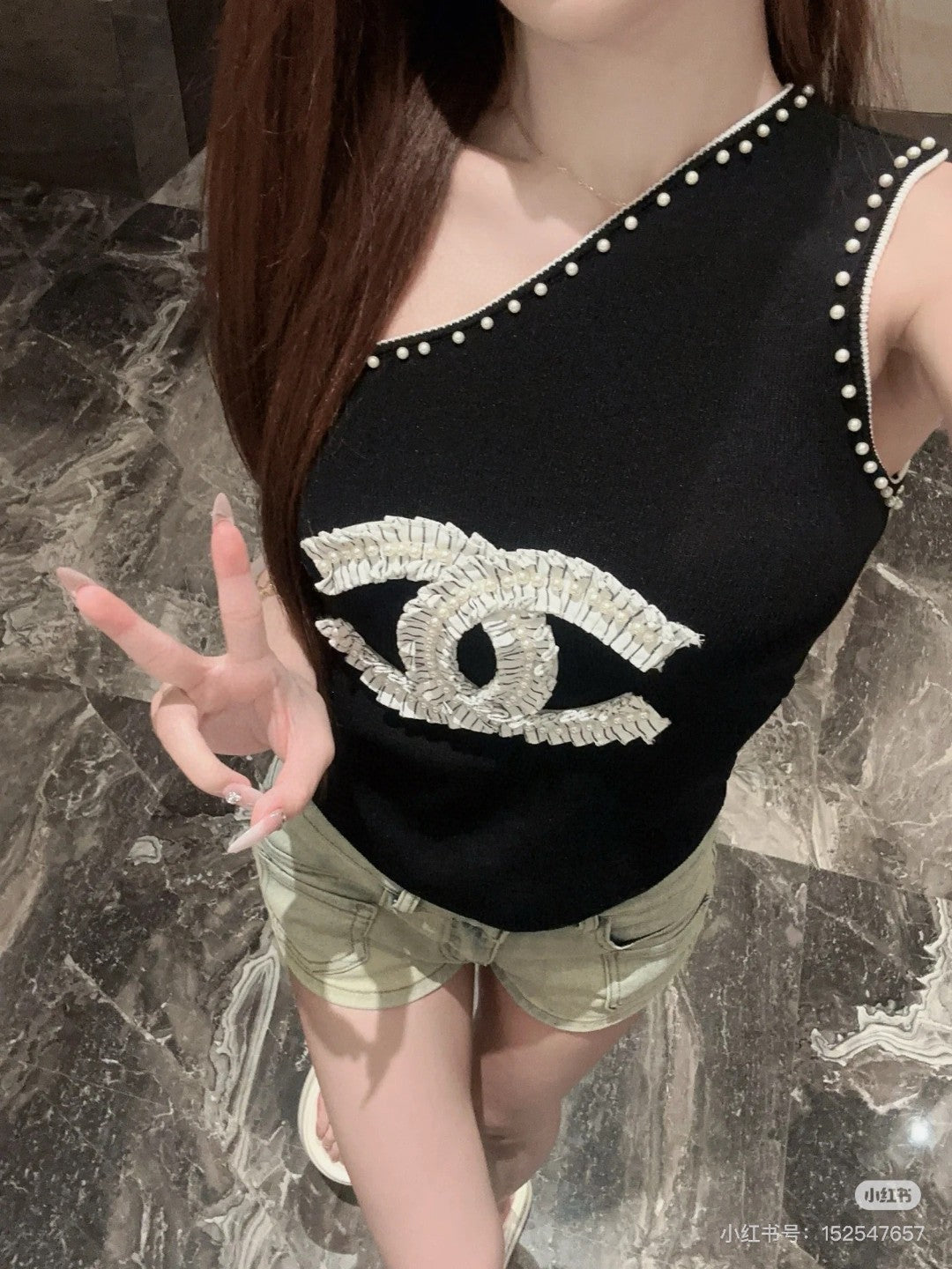 ONE SHOULDER TOP 622139 IN BLACK COTTON EMBOSSED PEARL TRIM
