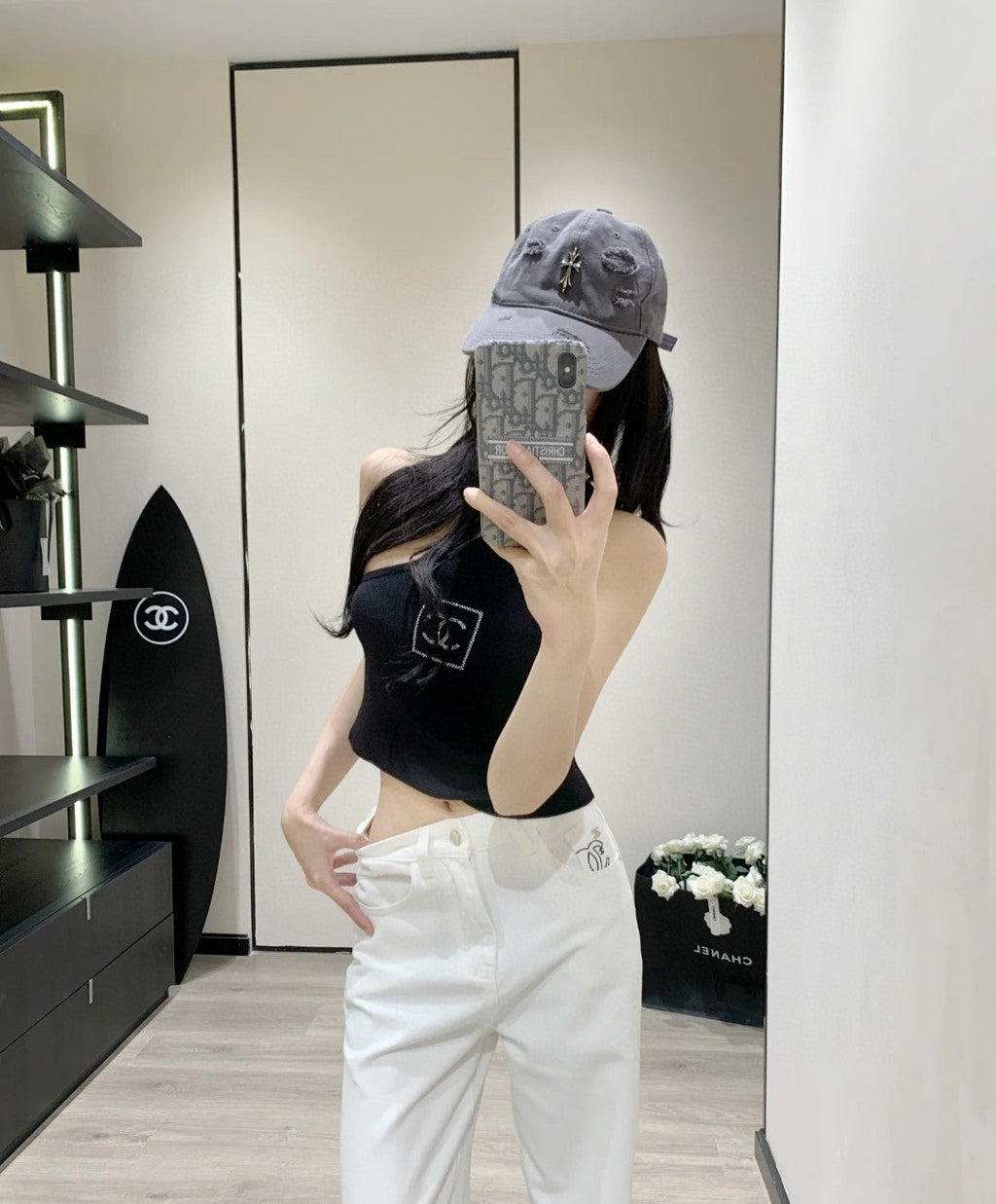 ONE SHOULDER TOP 624509 IN BLACK COTTON MULTICOLOR LOGO