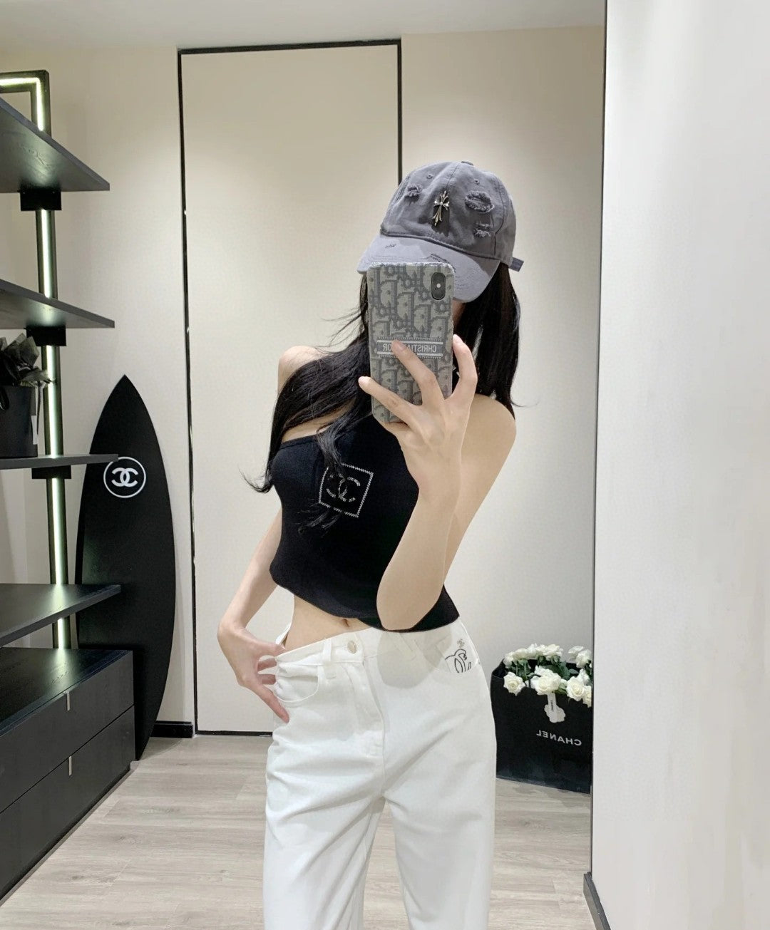 ONE SHOULDER TOP 624509 IN BLACK COTTON MULTICOLOR LOGO
