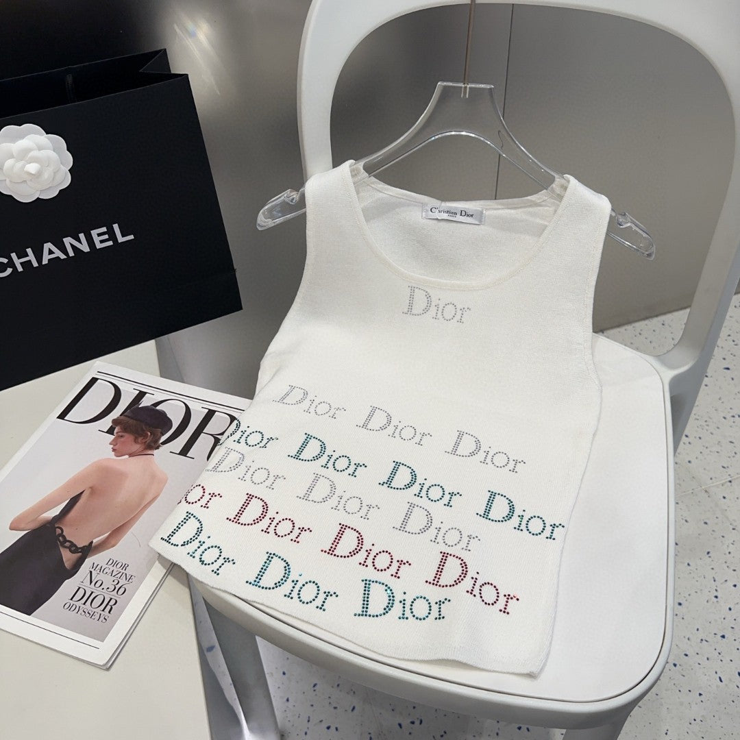 TANK TOP 624519 IN WHITE COTTON RIBBED CRYSTAL LOGO