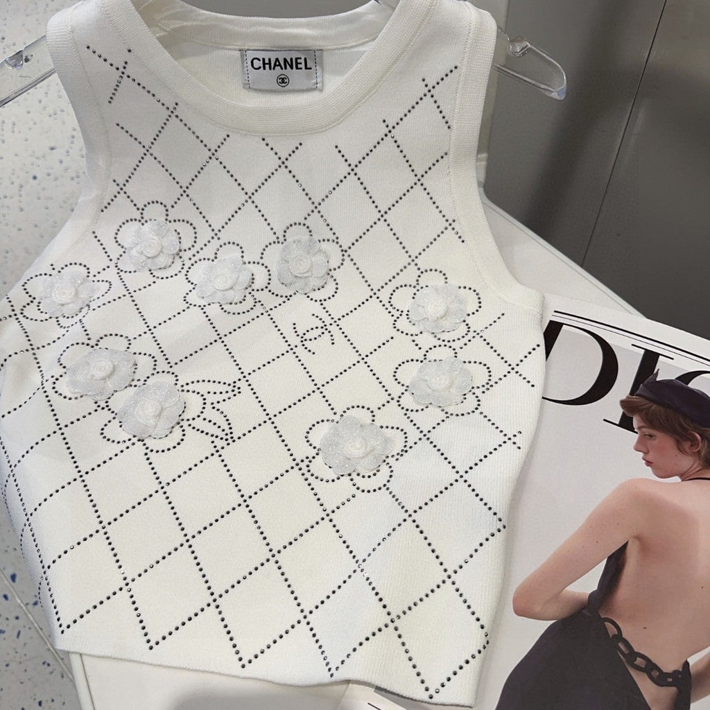TANK TOP 633204 IN WHITE COTTON RIBBED KNIT EMBOSSED FLORAL