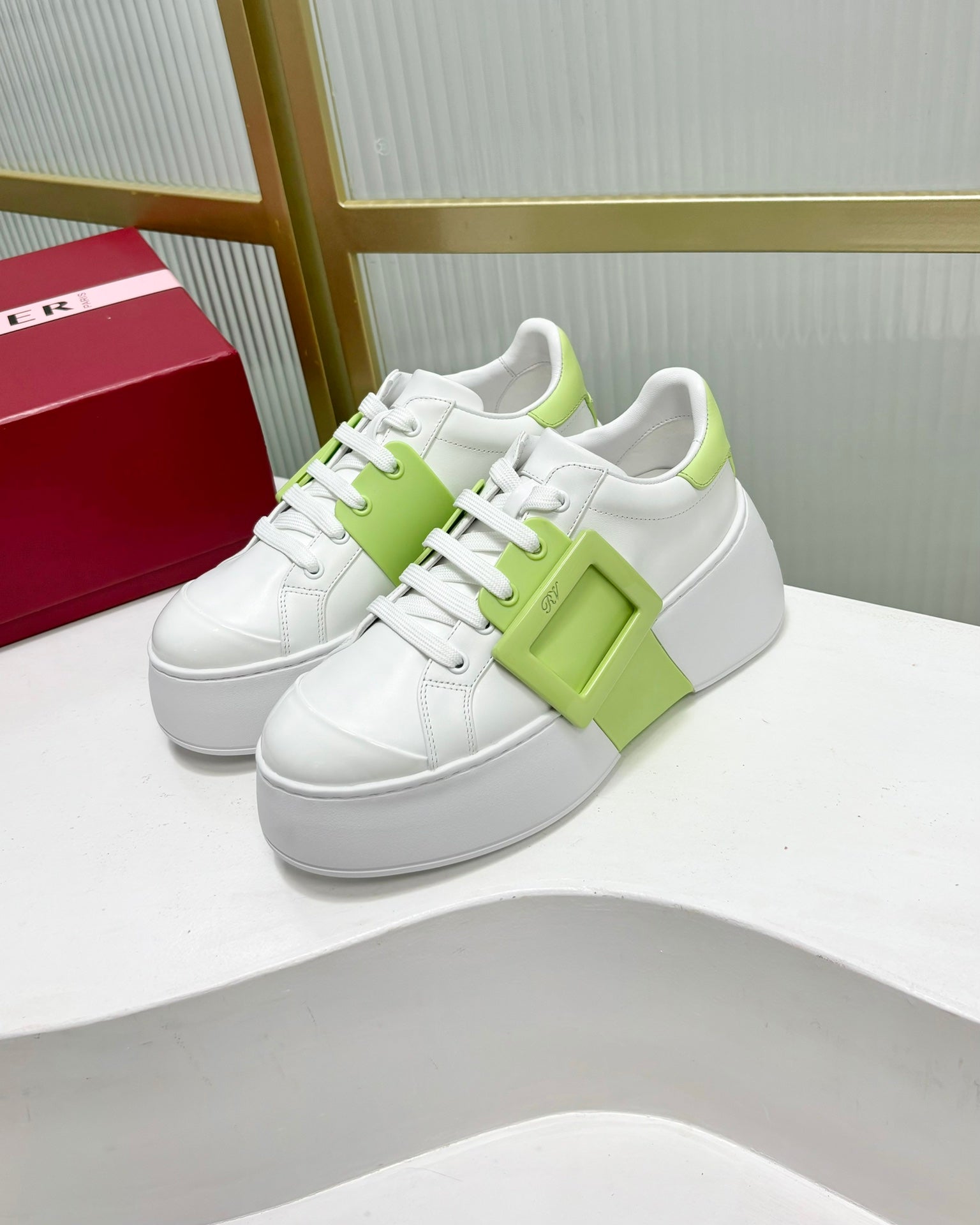 VIV' SKATE SNEAKERS IN WHITE CALFSKIN LIGHT NEON GREEN GLITTER STRAP AND CRYSTAL BUCKLE