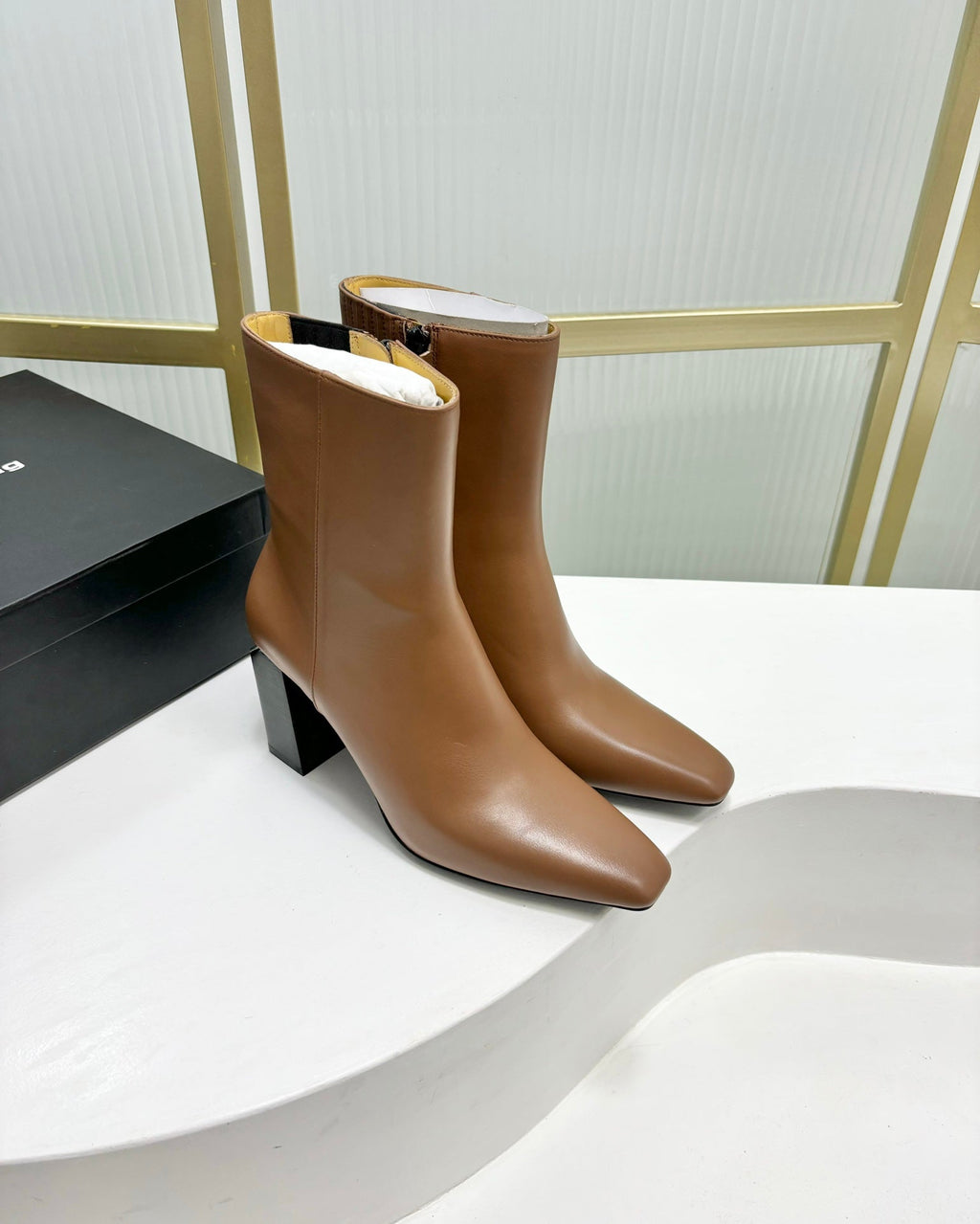 TONI 85MM ANKLE BOOT IN TAWNY BROWN CALFSKIN