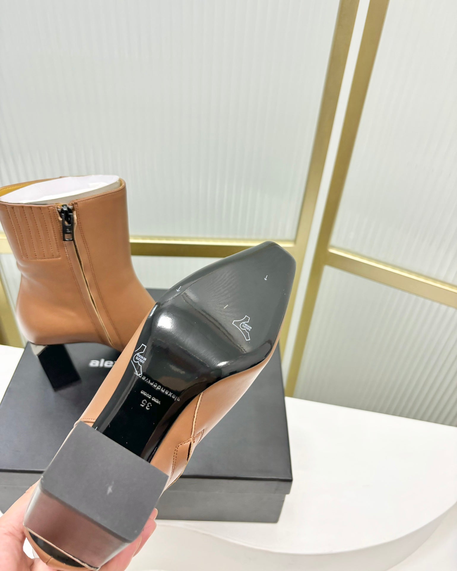 TONI 85MM ANKLE BOOT IN TAWNY BROWN CALFSKIN