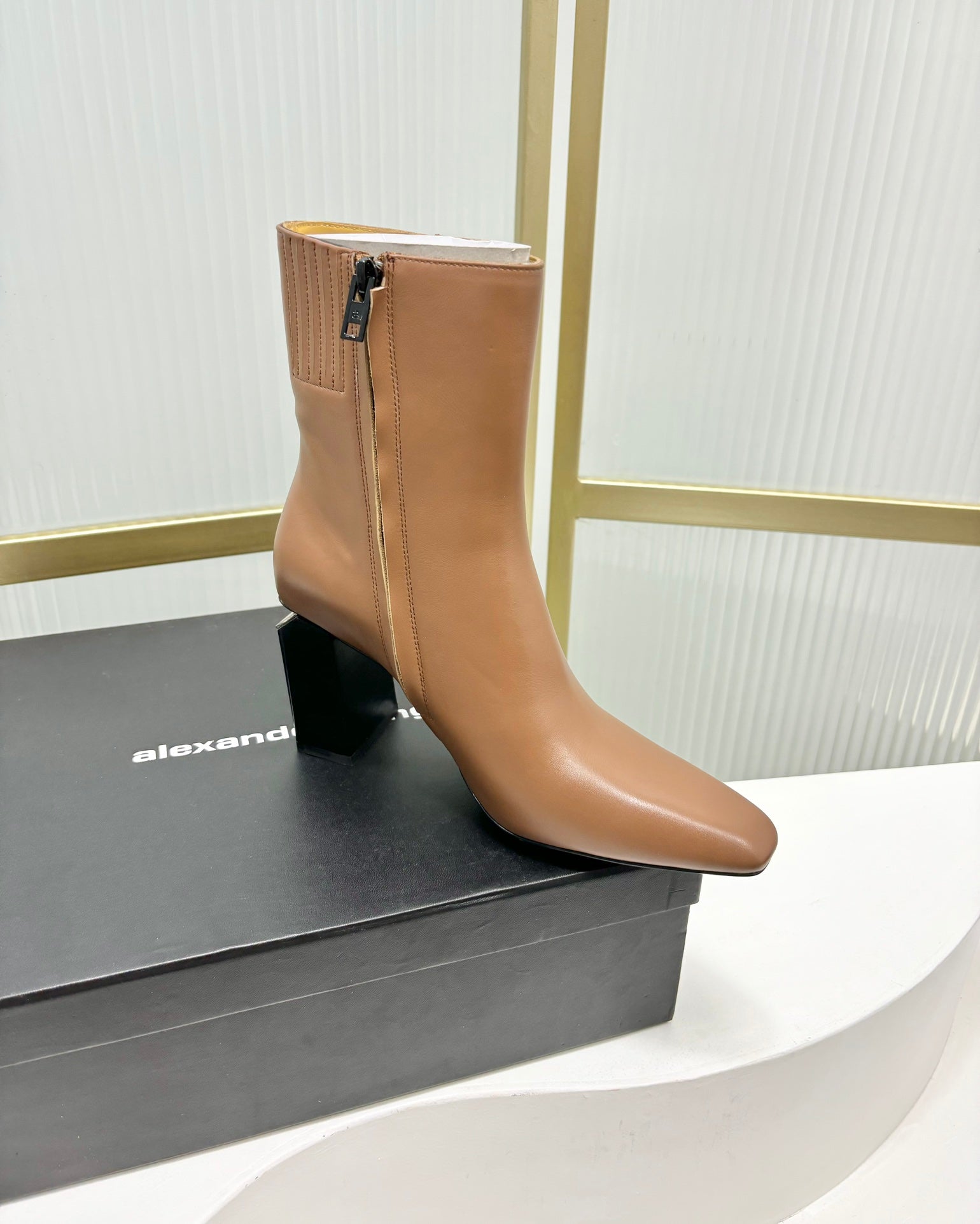 TONI 85MM ANKLE BOOT IN TAWNY BROWN CALFSKIN