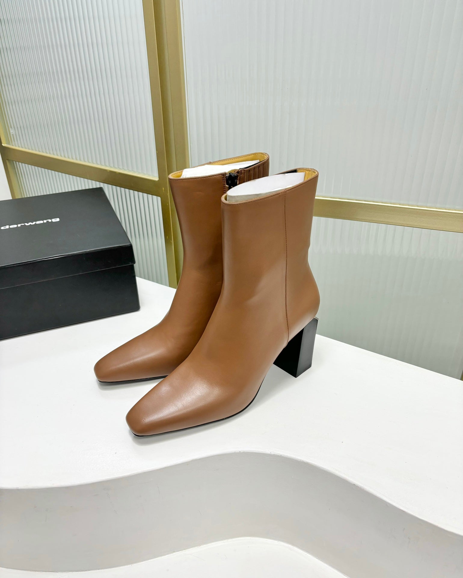 TONI 85MM ANKLE BOOT IN TAWNY BROWN CALFSKIN