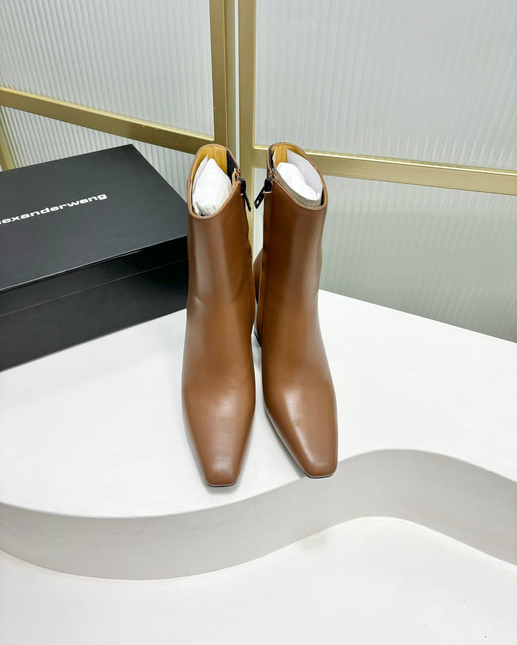 TONI 85MM ANKLE BOOT IN TAWNY BROWN CALFSKIN