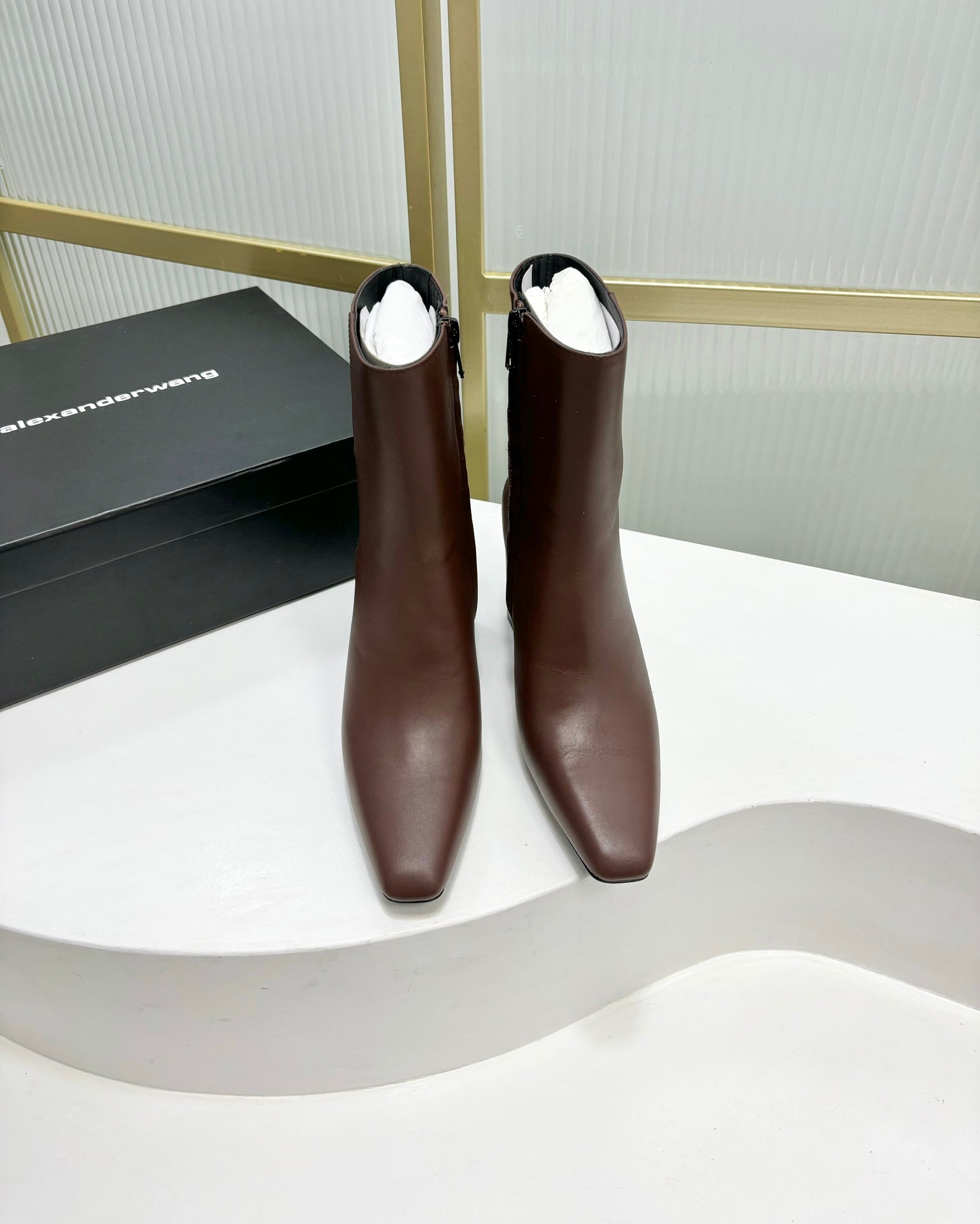 TONI 85MM ANKLE BOOT IN UMBER BROWN CALFSKIN