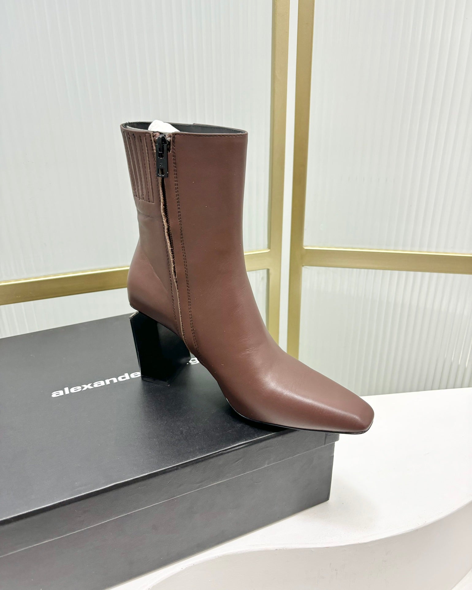 TONI 85MM ANKLE BOOT IN UMBER BROWN CALFSKIN