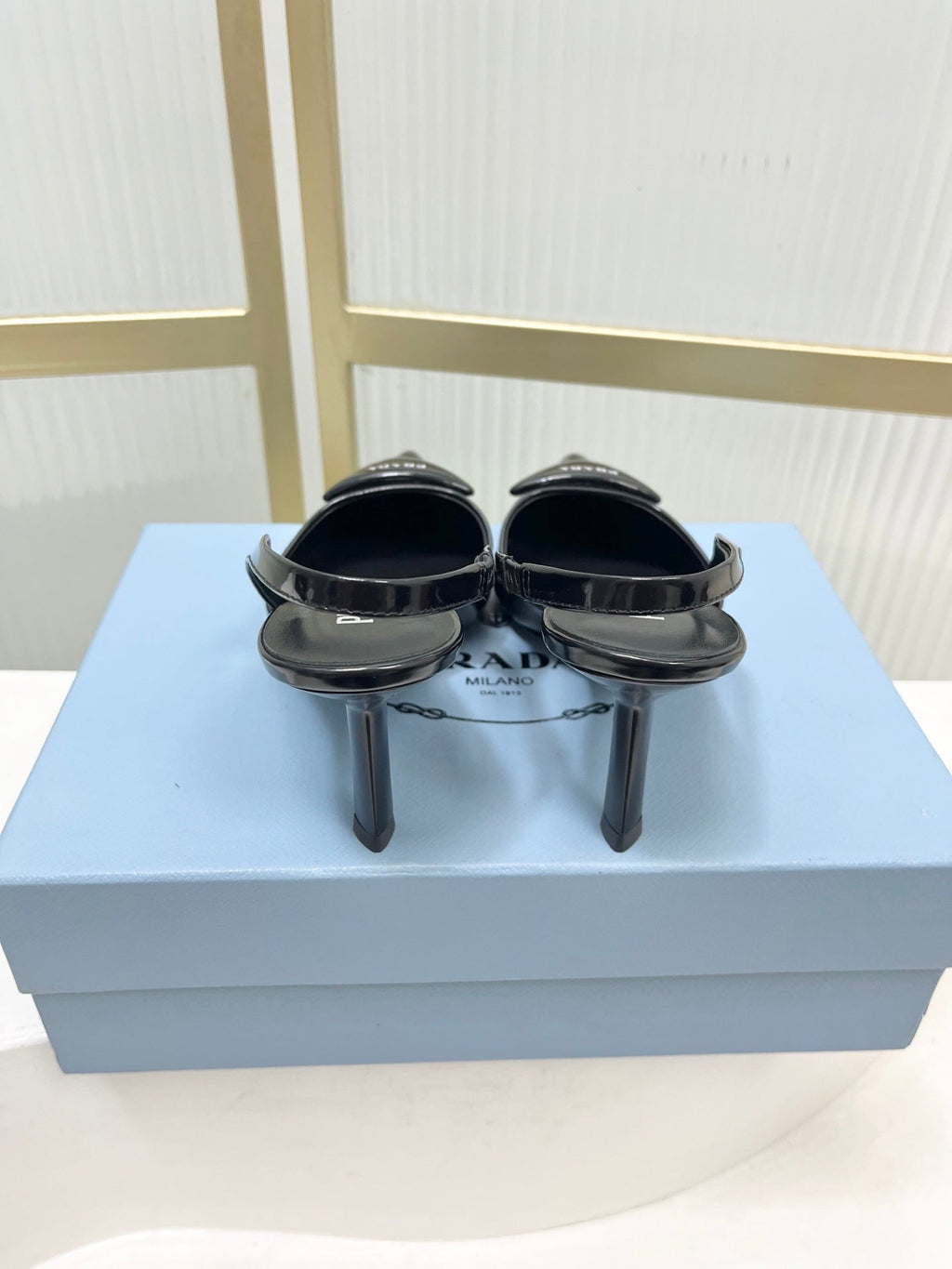 PRADA 26S SLINGBACK HIGH HEEL SANDALS 75MM IN BLACK CALFSKIN WITH LOGO