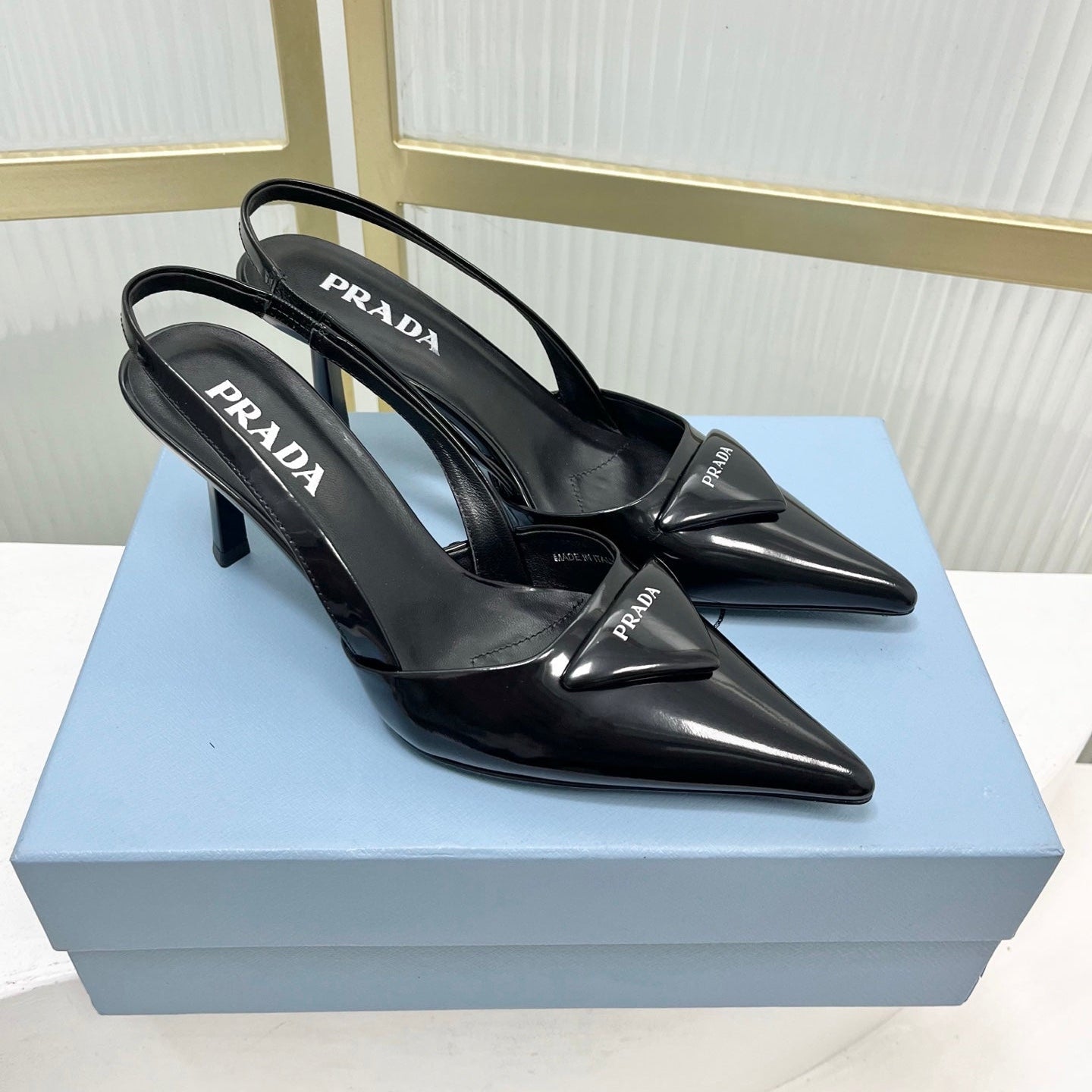 PRADA 26S SLINGBACK HIGH HEEL SANDALS 75MM IN BLACK CALFSKIN WITH LOGO