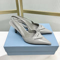 PRADA 26S SLINGBACK HIGH HEEL SANDALS 75MM IN LIGHT GRAY CALFSKIN WITH LOGO