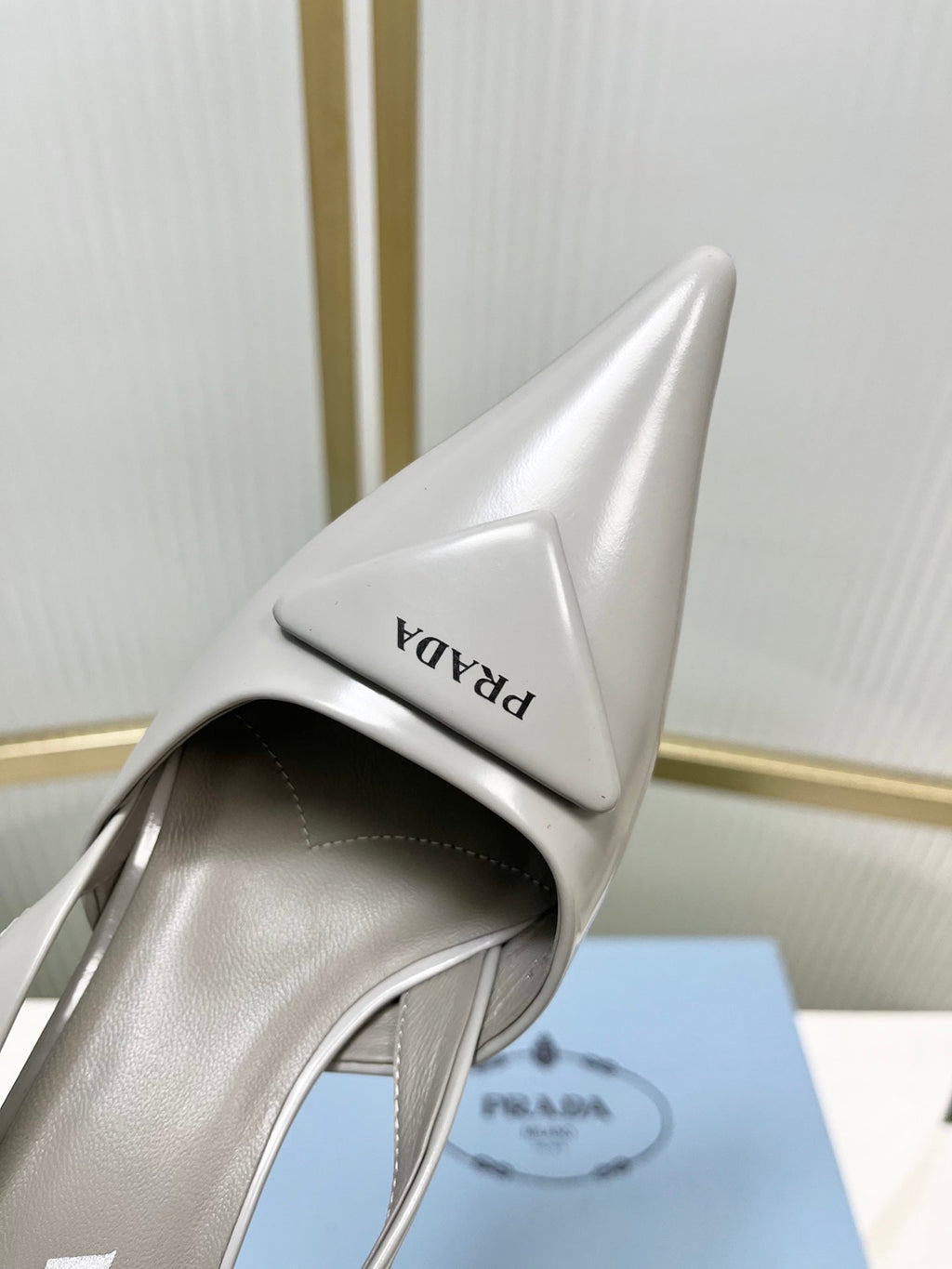 PRADA 26S SLINGBACK HIGH HEEL SANDALS 75MM IN LIGHT GRAY CALFSKIN WITH LOGO