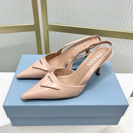 PRADA 26S SLINGBACK HIGH HEEL SANDALS 75MM IN NUDE CALFSKIN WITH LOGO