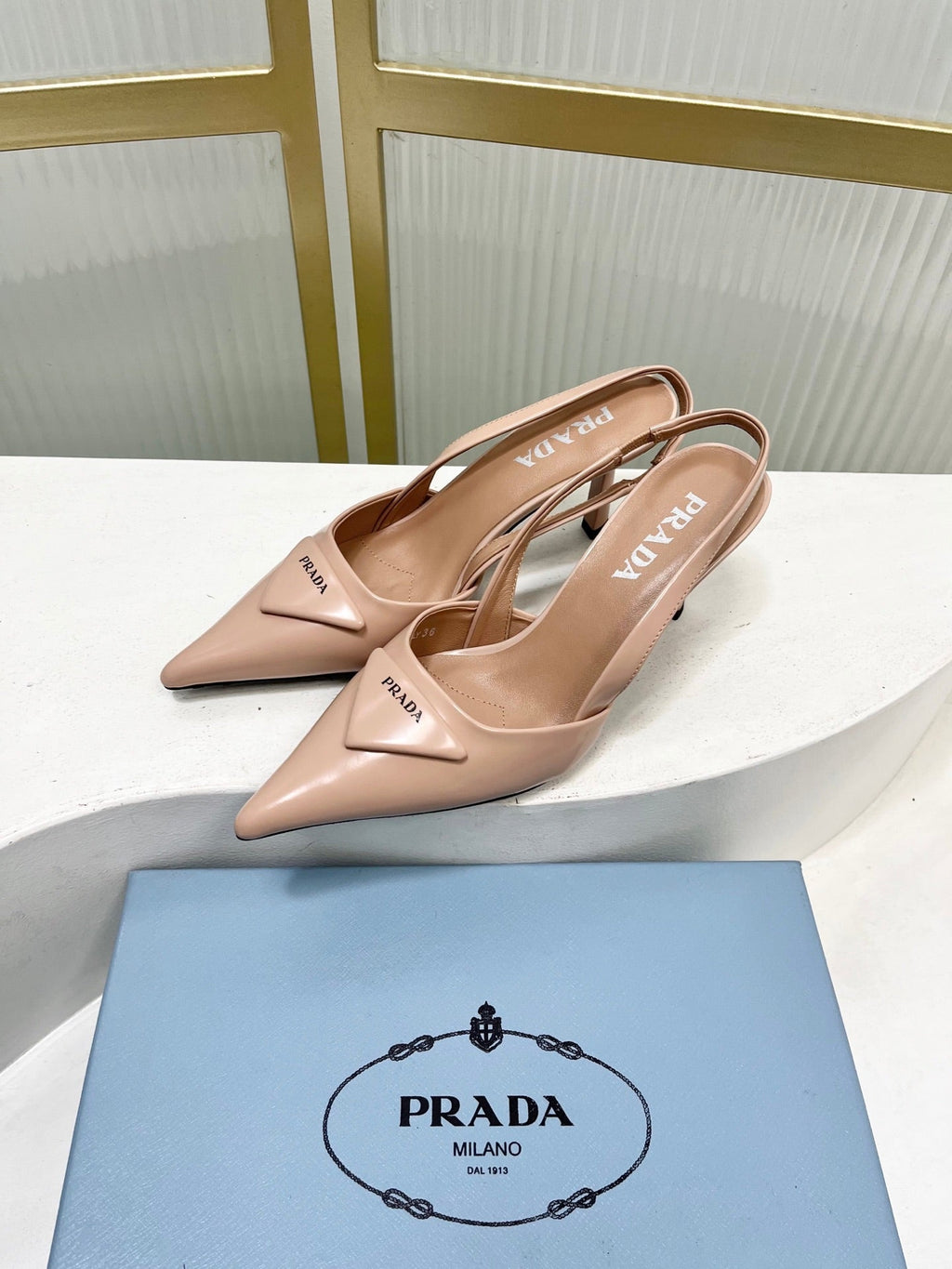 PRADA 26S SLINGBACK HIGH HEEL SANDALS 75MM IN NUDE CALFSKIN WITH LOGO
