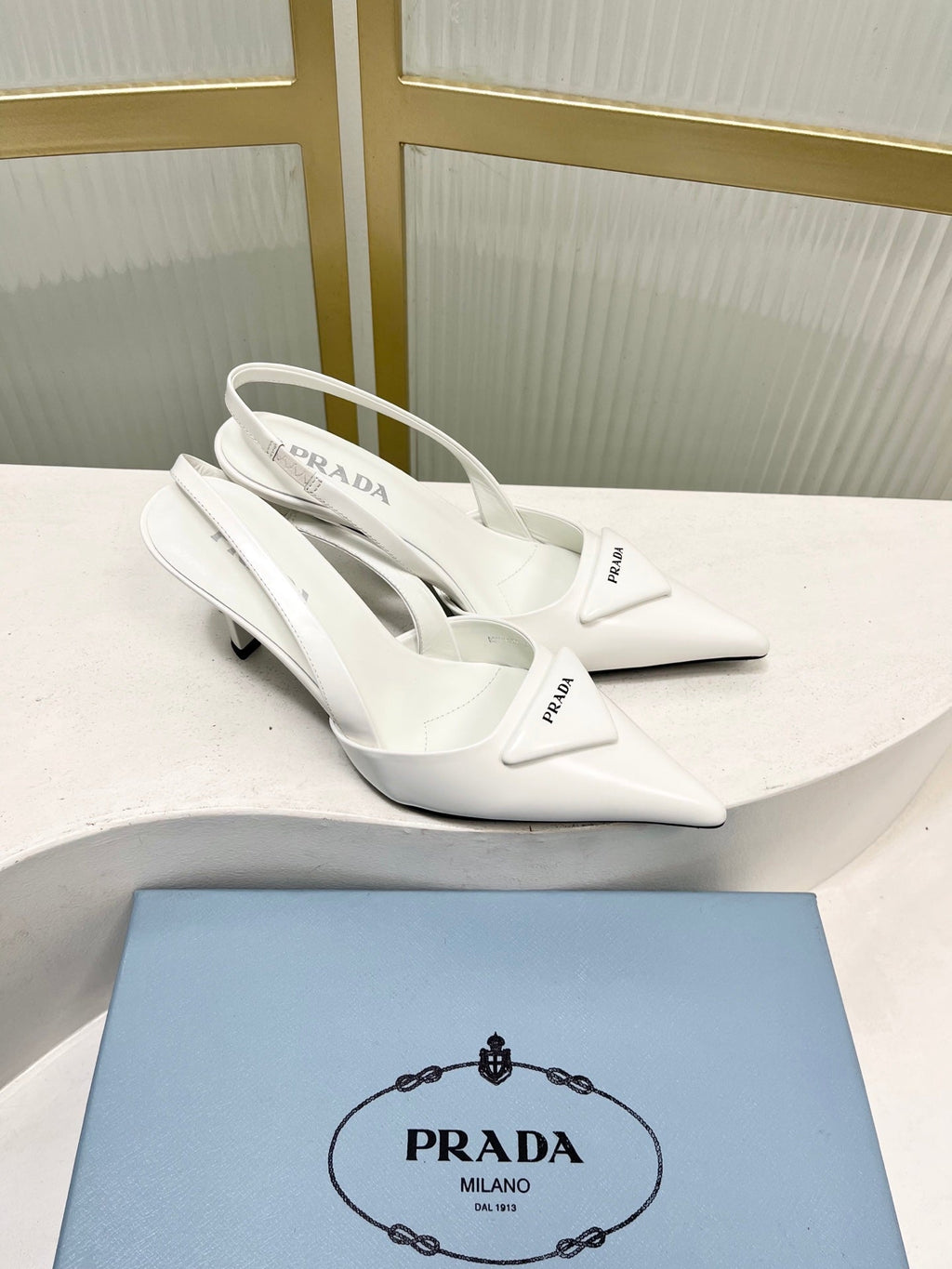PRADA 26S SLINGBACK HIGH HEEL SANDALS 75MM IN WHITE CALFSKIN WITH LOGO