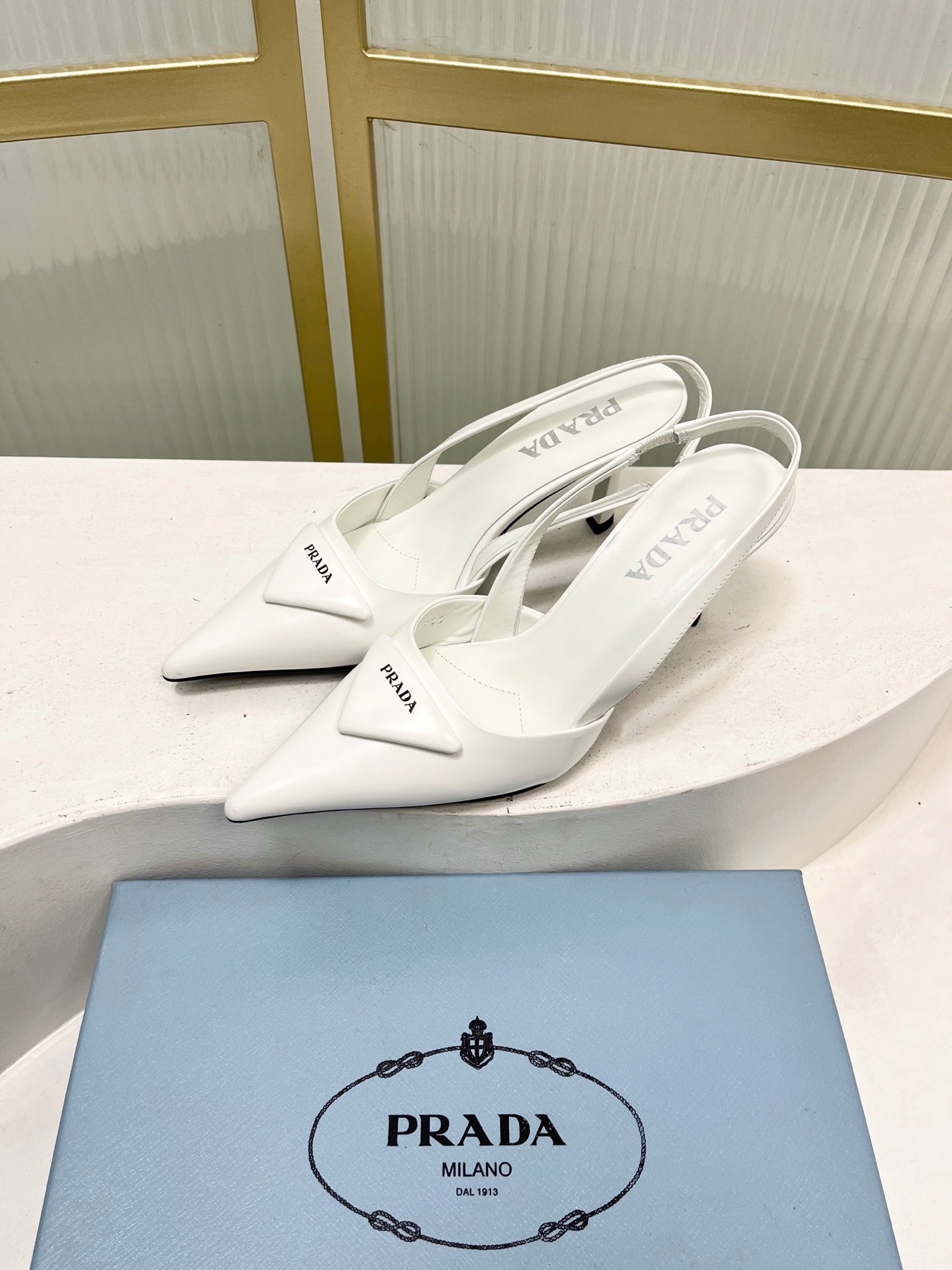 PRADA 26S SLINGBACK HIGH HEEL SANDALS 75MM IN WHITE CALFSKIN WITH LOGO