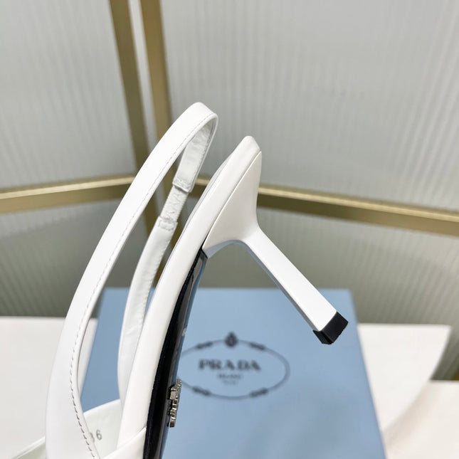 PRADA 26S SLINGBACK HIGH HEEL SANDALS 75MM IN WHITE CALFSKIN WITH LOGO
