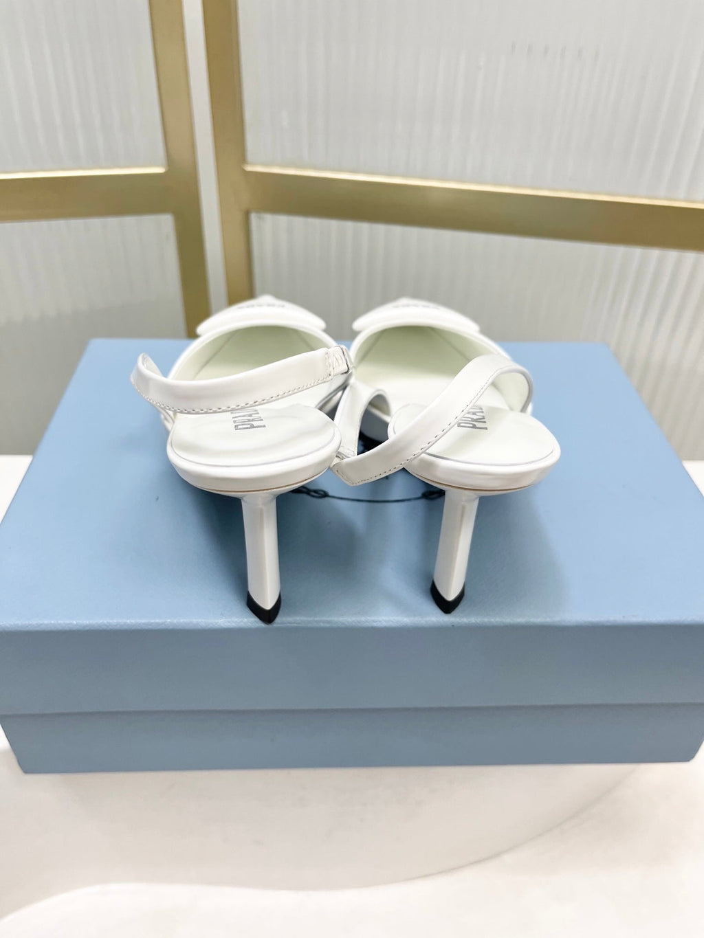 PRADA 26S SLINGBACK HIGH HEEL SANDALS 75MM IN WHITE CALFSKIN WITH LOGO