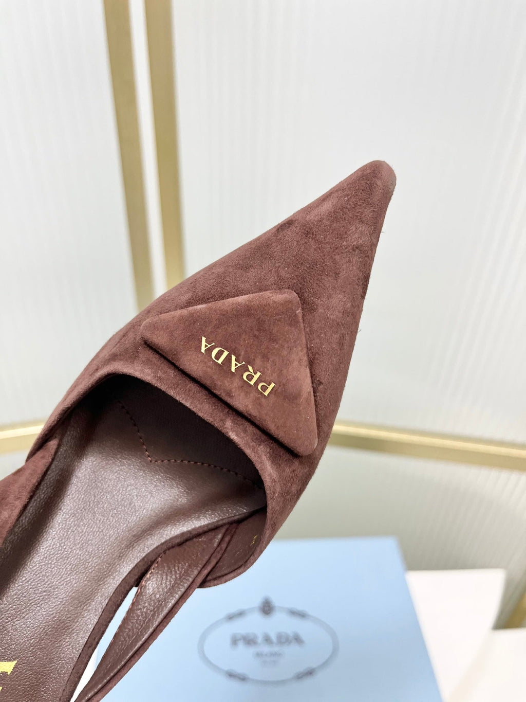 PRADA 26S SLINGBACK HIGH HEEL SANDALS 75MM IN DARK BROWN SUEDE WITH LOGO