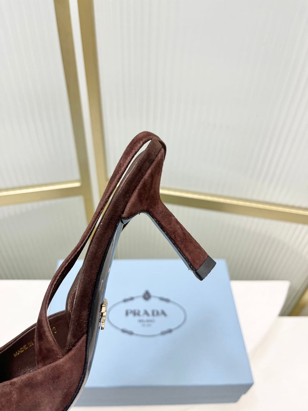 PRADA 26S SLINGBACK HIGH HEEL SANDALS 75MM IN DARK BROWN SUEDE WITH LOGO
