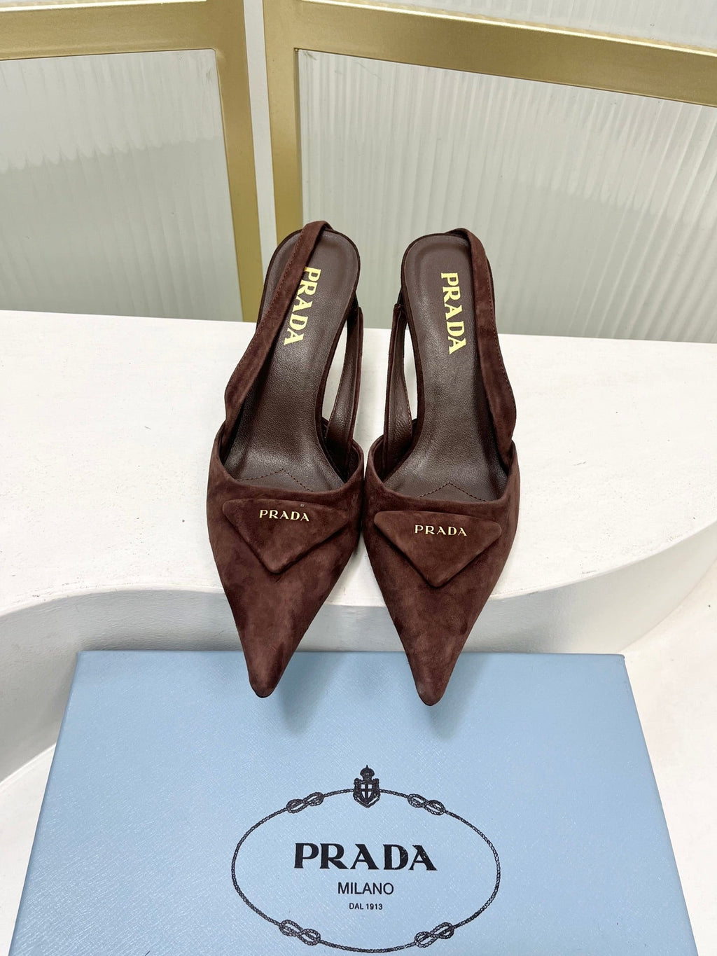 PRADA 26S SLINGBACK HIGH HEEL SANDALS 75MM IN DARK BROWN SUEDE WITH LOGO