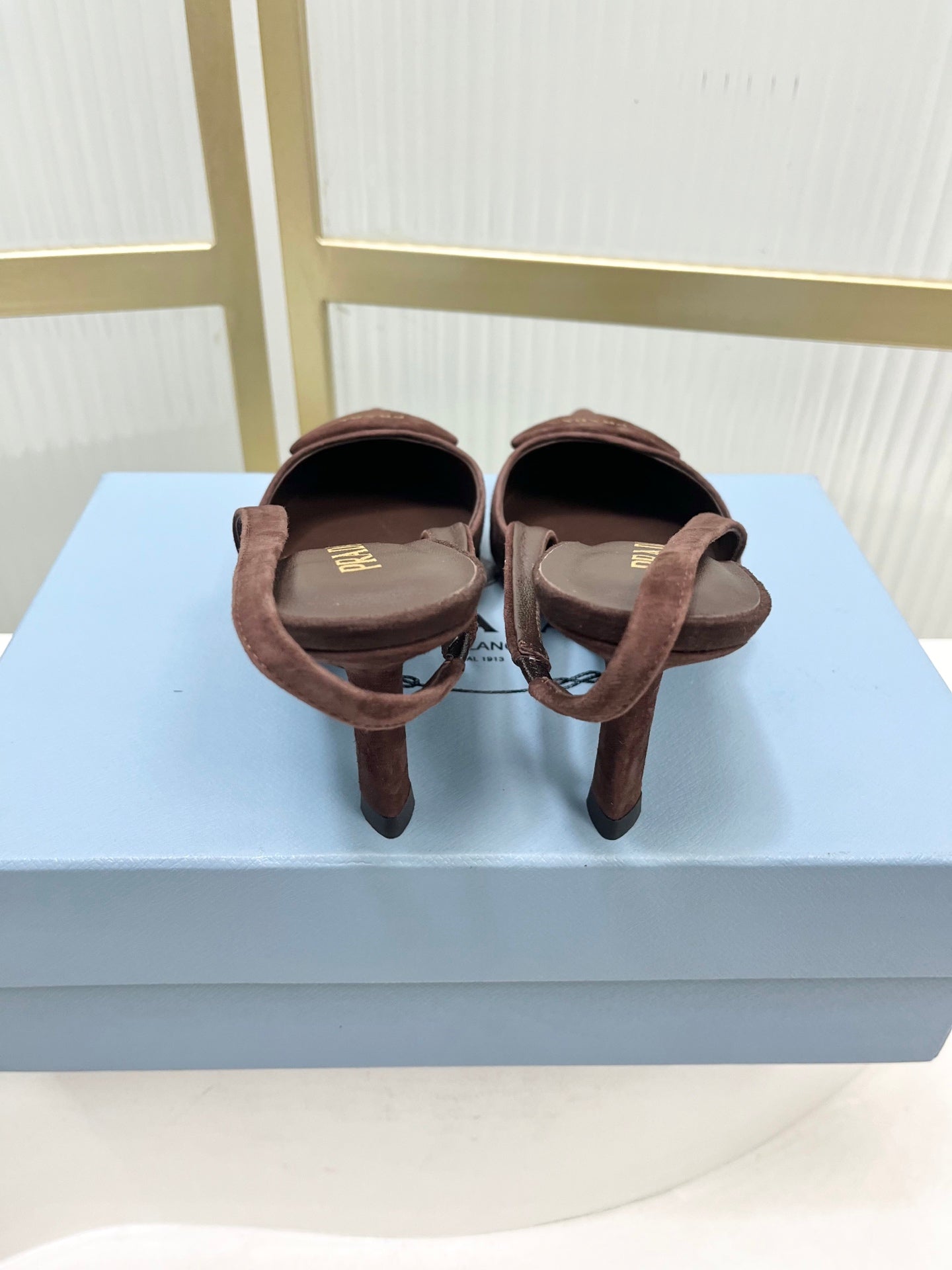 PRADA 26S SLINGBACK HIGH HEEL SANDALS 75MM IN DARK BROWN SUEDE WITH LOGO