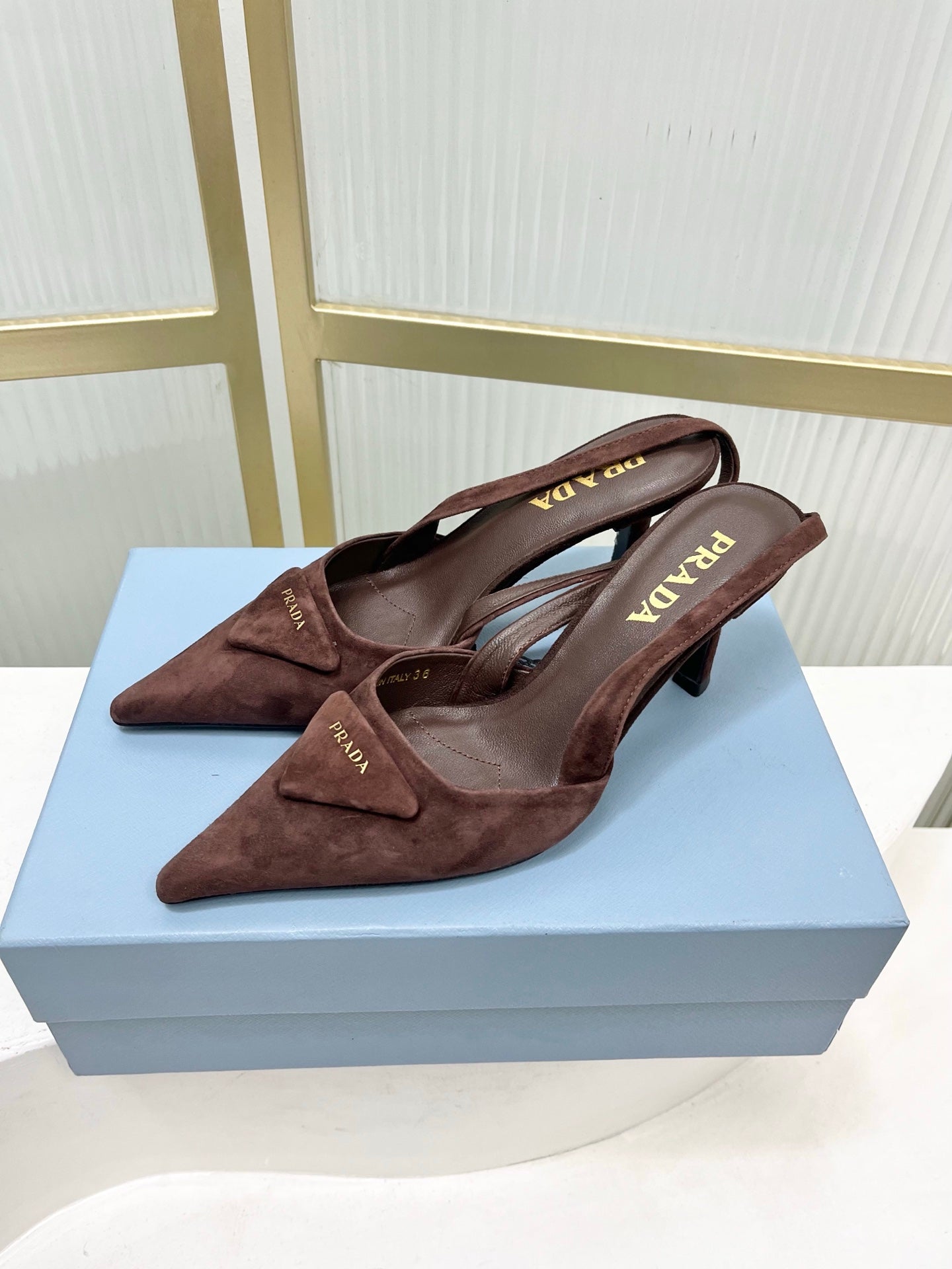 PRADA 26S SLINGBACK HIGH HEEL SANDALS 75MM IN DARK BROWN SUEDE WITH LOGO