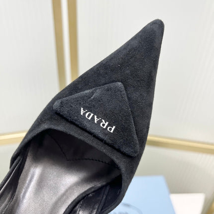 PRADA 26S SLINGBACK HIGH HEEL SANDALS 75MM IN BLACK SUEDE WITH LOGO