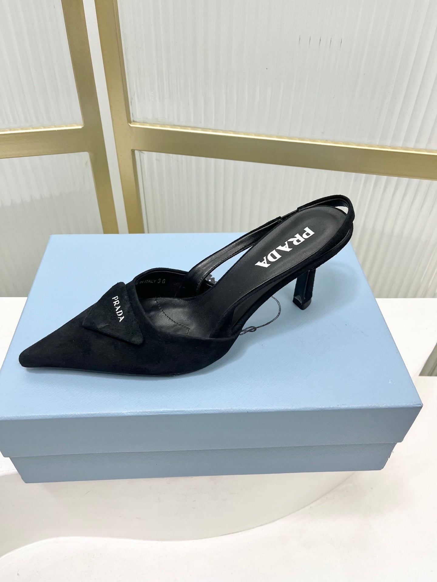 PRADA 26S SLINGBACK HIGH HEEL SANDALS 75MM IN BLACK SUEDE WITH LOGO