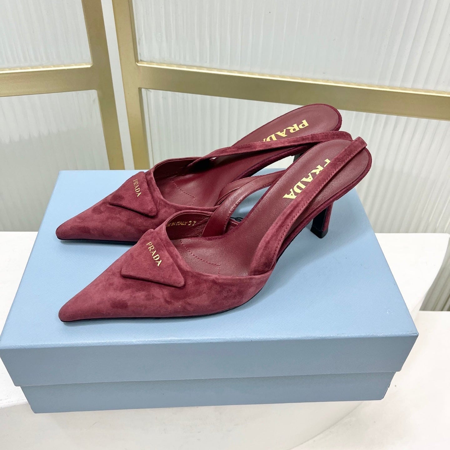 PRADA 26S SLINGBACK HIGH HEEL SANDALS 75MM IN DARK RED SUEDE WITH LOGO