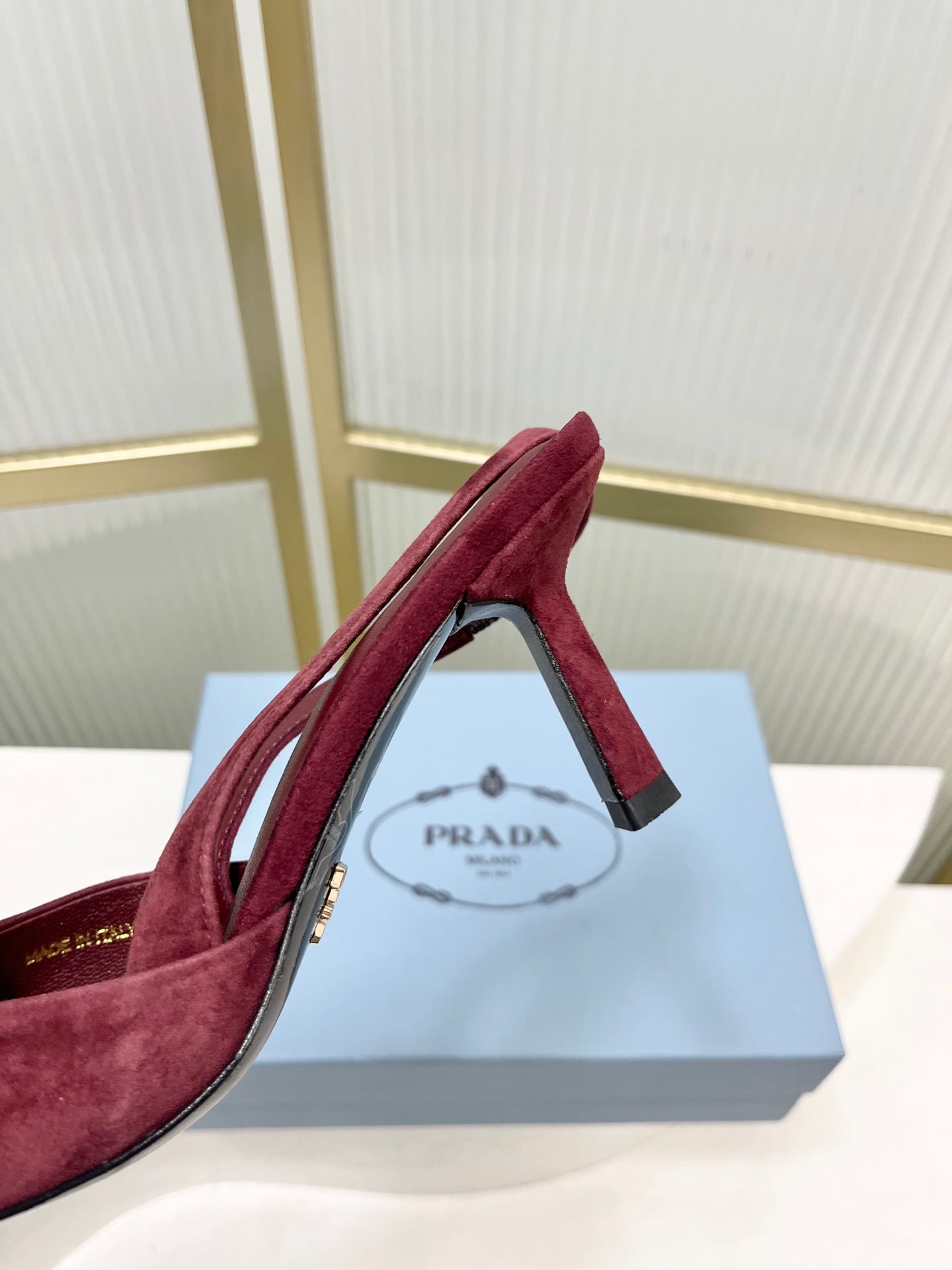 PRADA 26S SLINGBACK HIGH HEEL SANDALS 75MM IN DARK RED SUEDE WITH LOGO