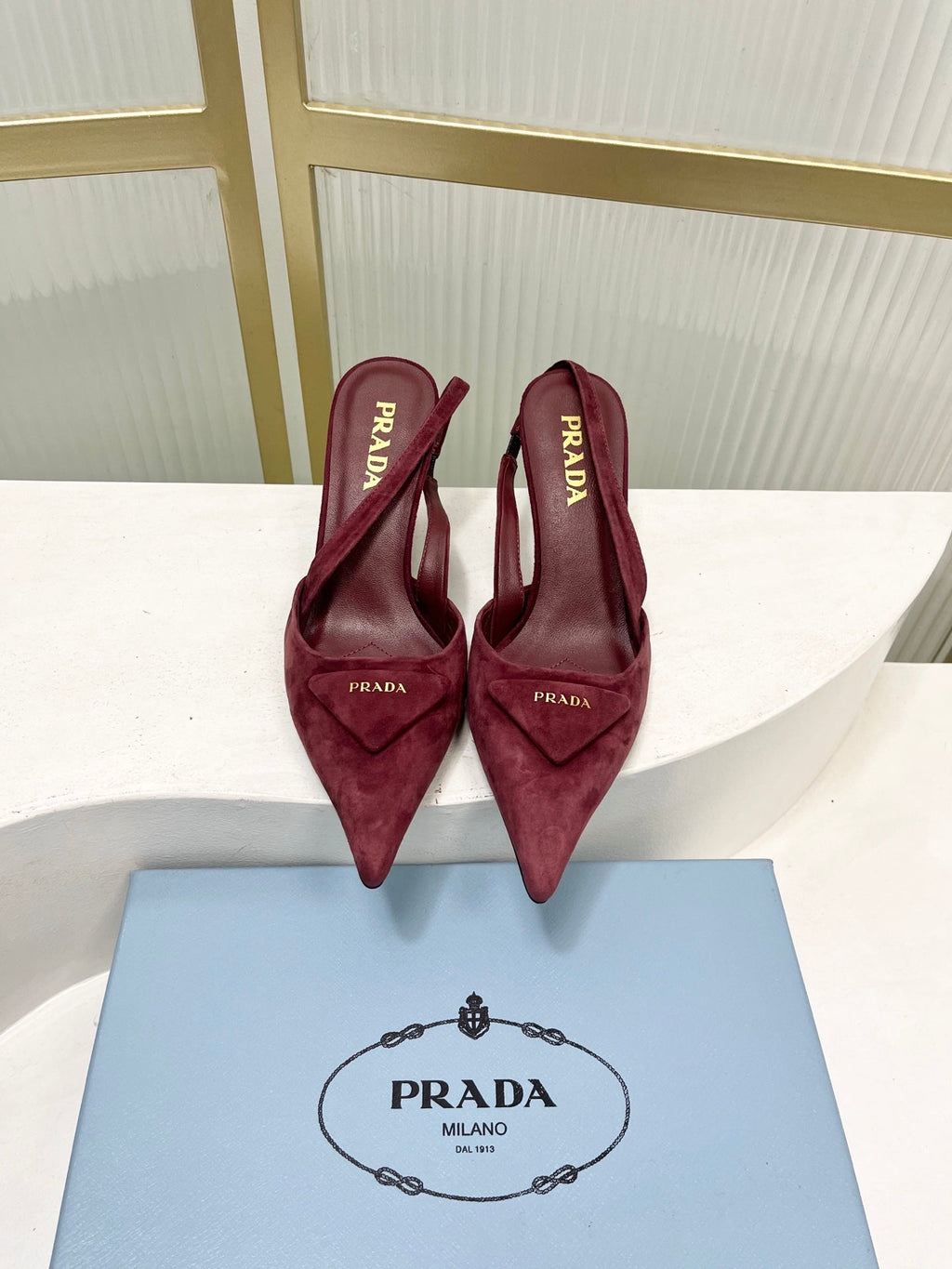 PRADA 26S SLINGBACK HIGH HEEL SANDALS 75MM IN DARK RED SUEDE WITH LOGO