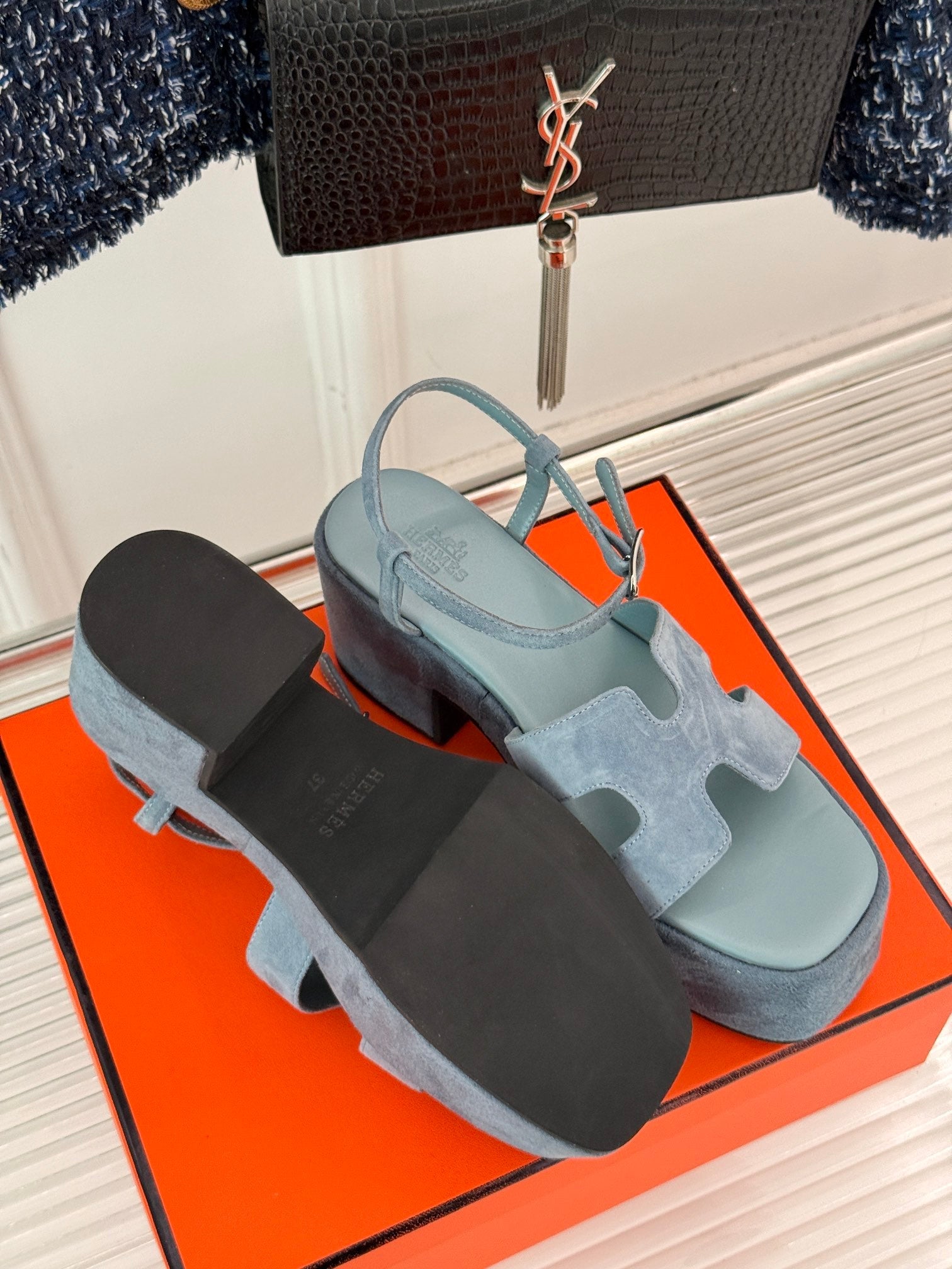 HM 25S JAM 30 HIGH-HEEL SANDAL IN STEEL BLUE GRAY SUEDE