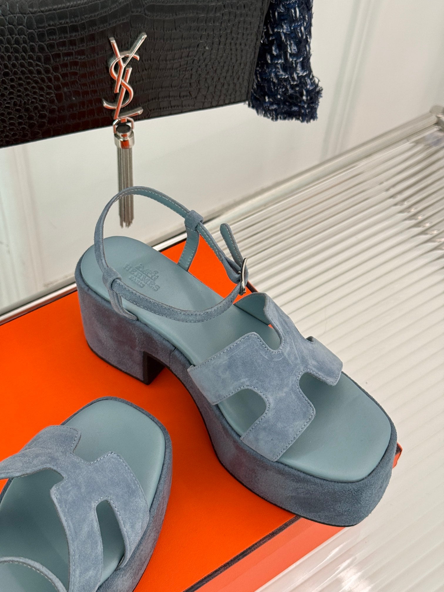 HM 25S JAM 30 HIGH-HEEL SANDAL IN STEEL BLUE GRAY SUEDE