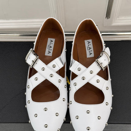 CROSSED STRAP BALLET FLATS IN WHITE CALFSKIN
